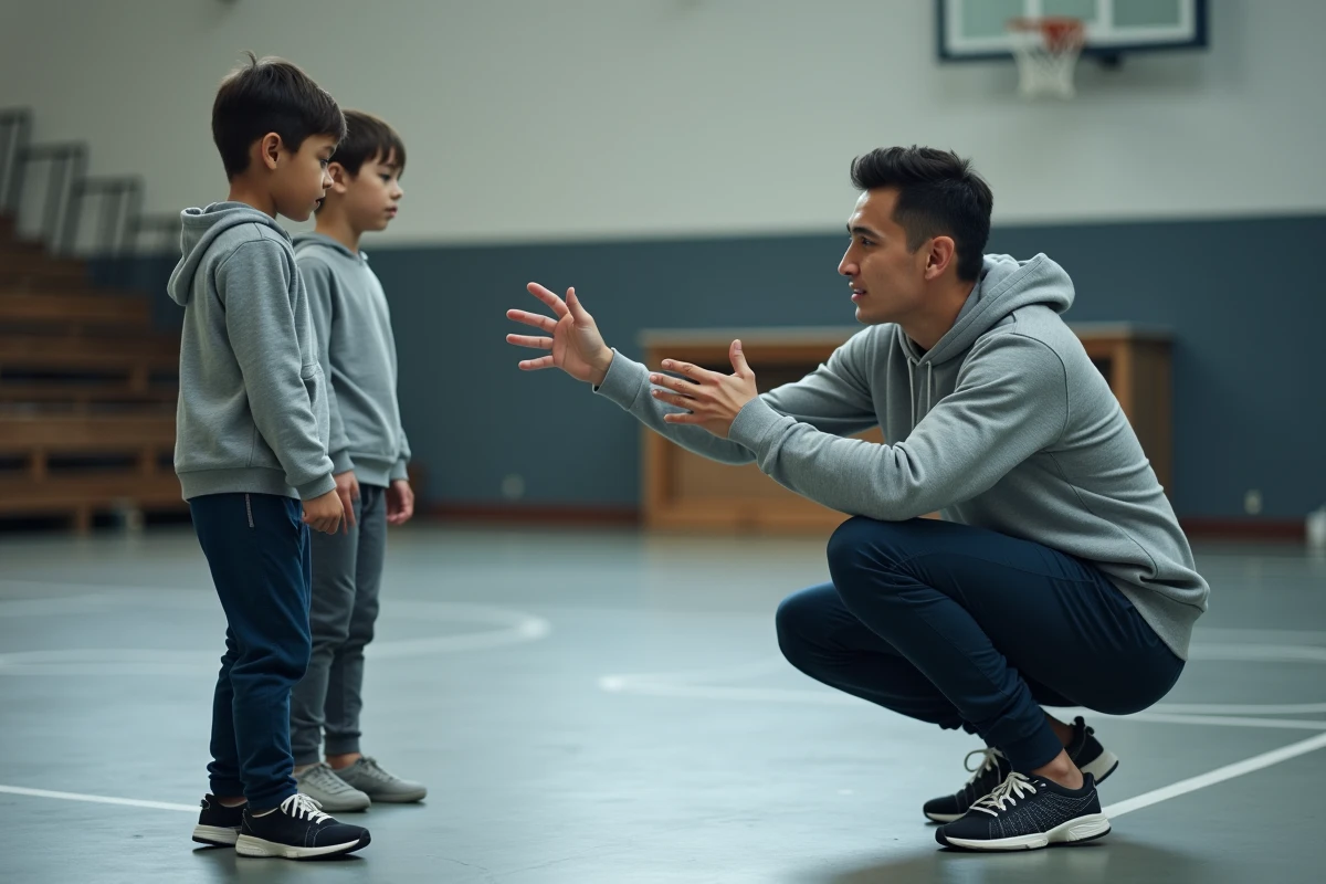 Instructeur de danse apprenant une chorégraphie facile à deux enfants dans un gymnase scolaire