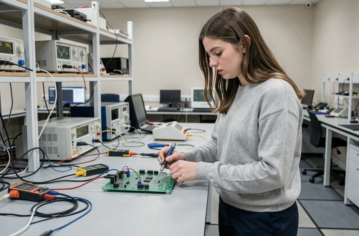 Étudiante de l'ISEN Méditerranée soudant une carte électronique dans un laboratoire d'électronique