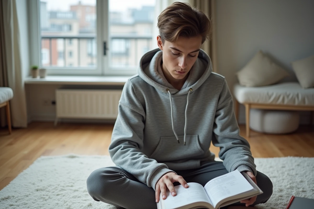 Jeune adulte révisant la conjugaison du verbe partir au présent dans un manuel de français posé sur ses genoux