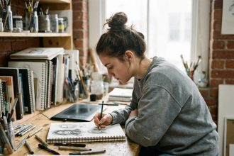 Jeune femme en train de dessiner dans son studio créatif