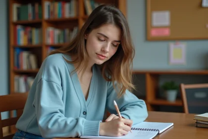 Jeune femme en cardigan bleu &eacute;crit en espagnol dans un bureau