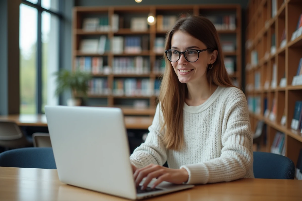 Jeune femme en bibliothèque utilisant un ordinateur portable