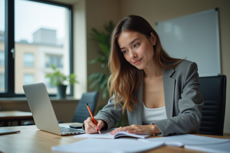 Jeune femme au bureau prenant des notes dans un environnement moderne