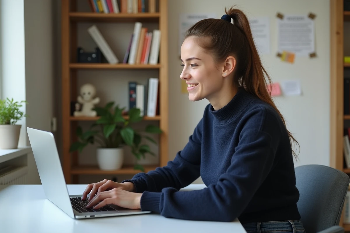 Jeune femme concentrée travaillant sur son ordinateur à la maison