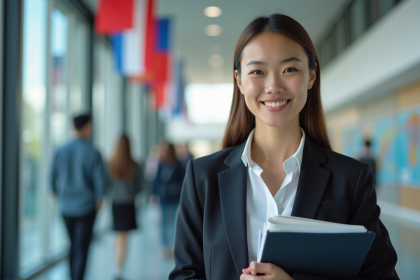 Jeune femme confiante en universite avec drapeaux et cartes