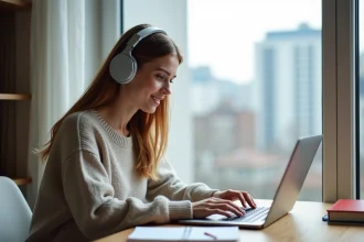 Jeune femme en cours en ligne avec casque et ordinateur