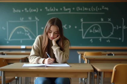 Jeune femme en classe résolvant une équation de probabilité
