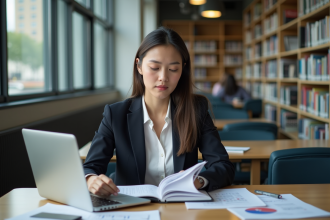Jeune femme en étude de comptabilite dans une bibliothèque universitaire