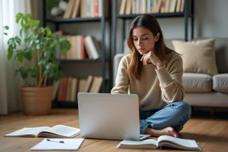 Jeune femme concentrée sur son ordinateur dans un salon lumineux