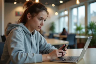 Jeune femme concentrée utilisant son smartphone dans un lounge étudiant