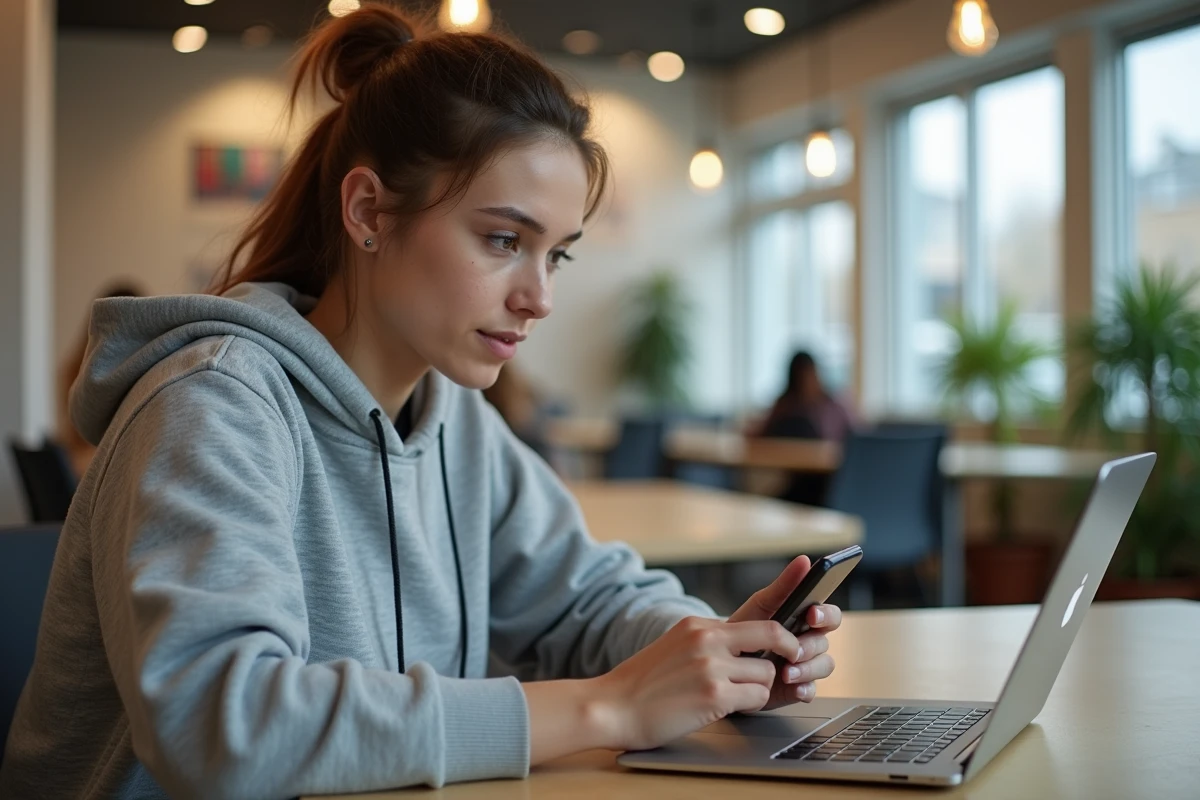 Jeune femme concentrée utilisant son smartphone dans un lounge étudiant