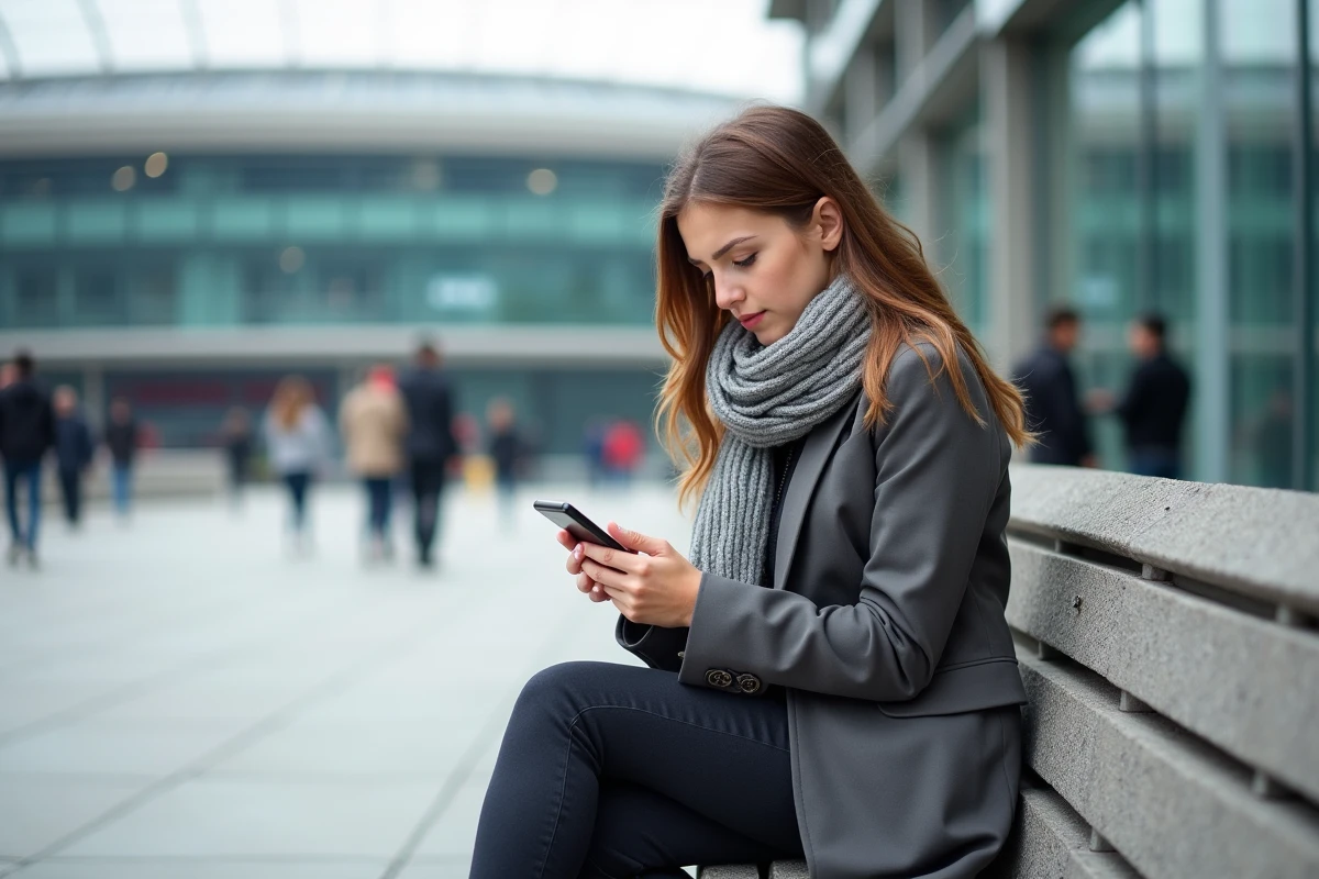 Jeune femme assise sur banc pr&egrave;s du stade Amiens