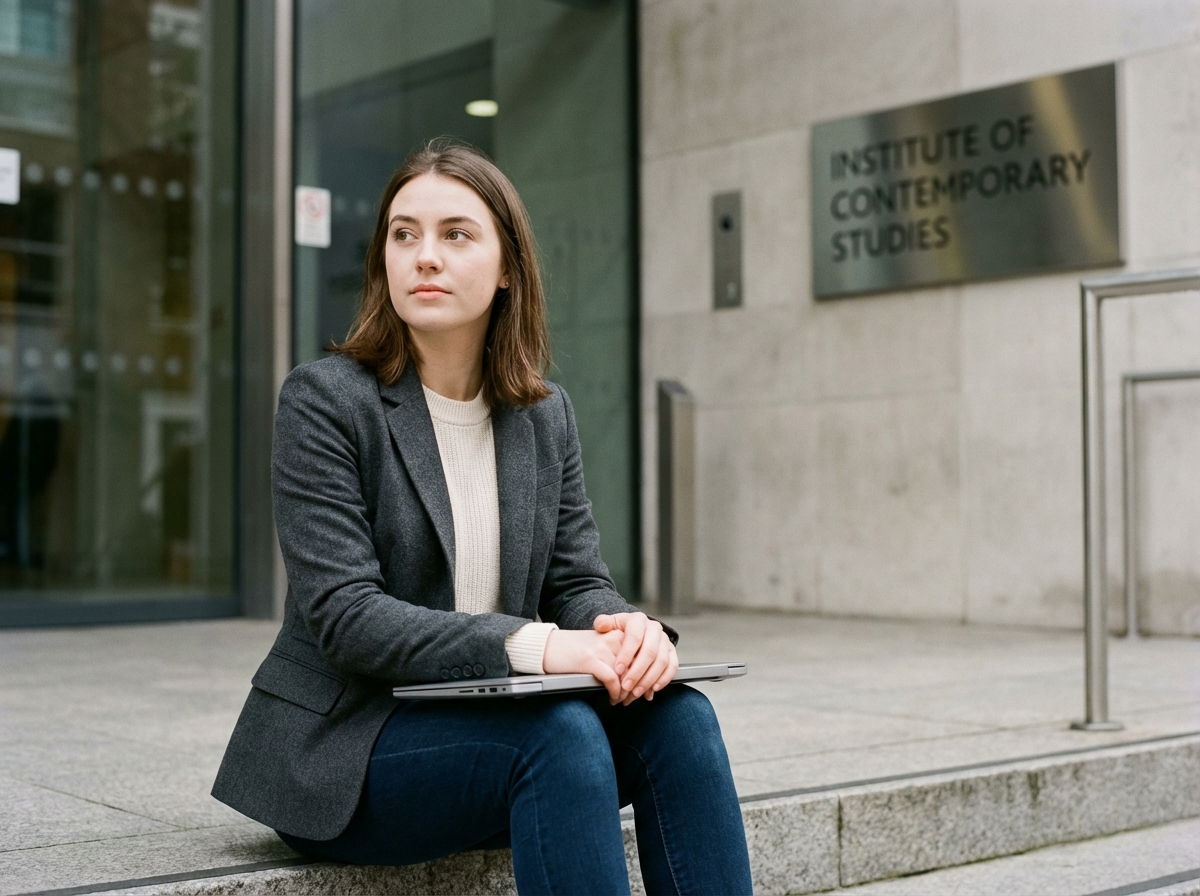 Jeune femme pensif assise devant une universite moderne