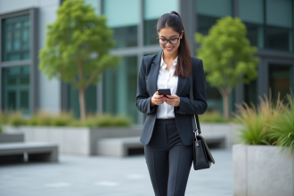 Jeune femme confiante devant un immeuble moderne en ville
