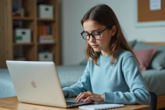 Jeune fille en pull bleu et lunettes travaillant sur un ordinateur dans sa chambre