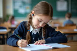 Jeune fille de 10 ans écrit en classe avec écouteurs
