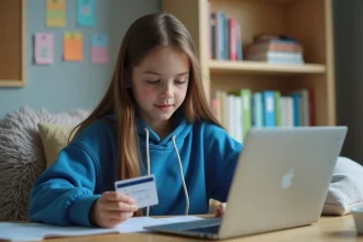 Jeune fille en hoodie bleu utilisant son ordinateur dans sa chambre