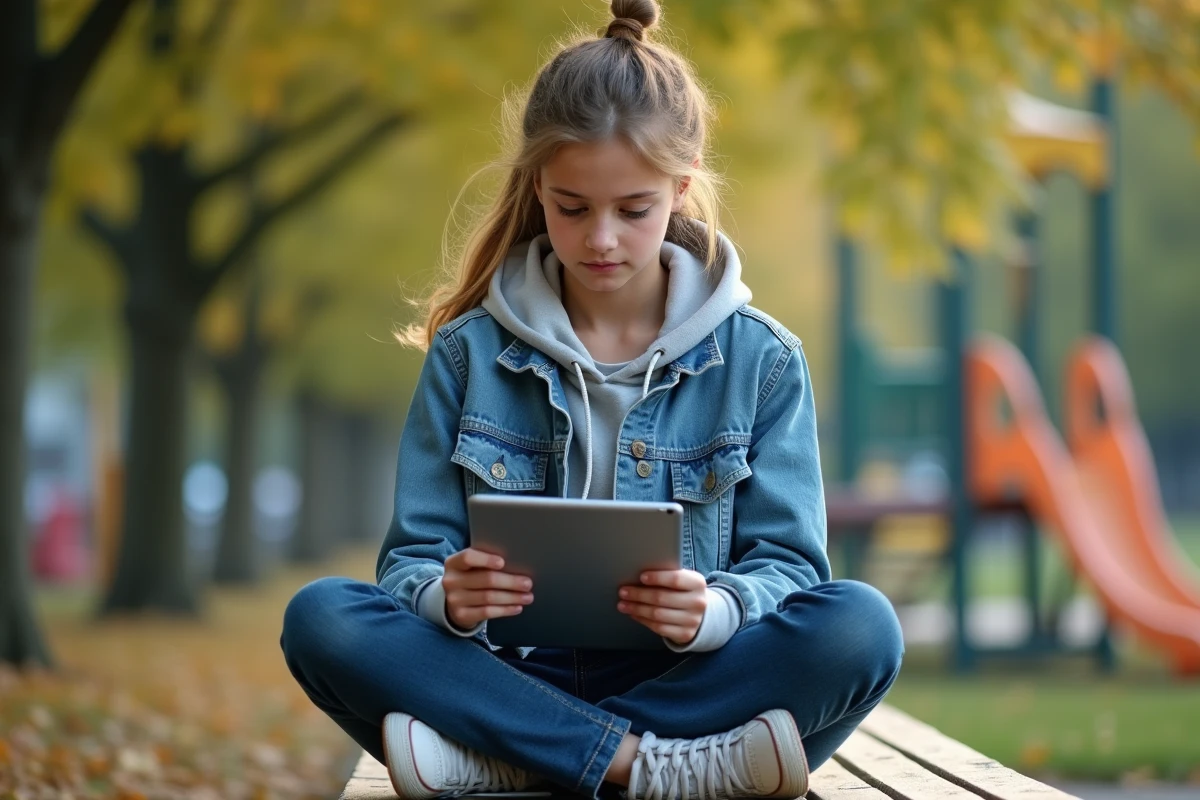 Jeune fille de 15 ans faisant un quiz dans un parc