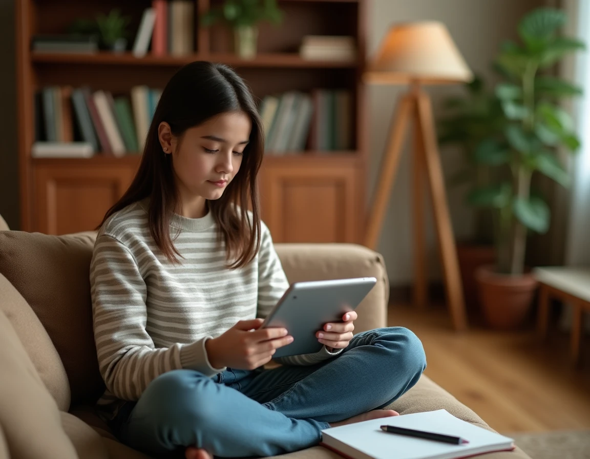Jeune fille consultant son espace numérique de travail sur une tablette dans le salon familial