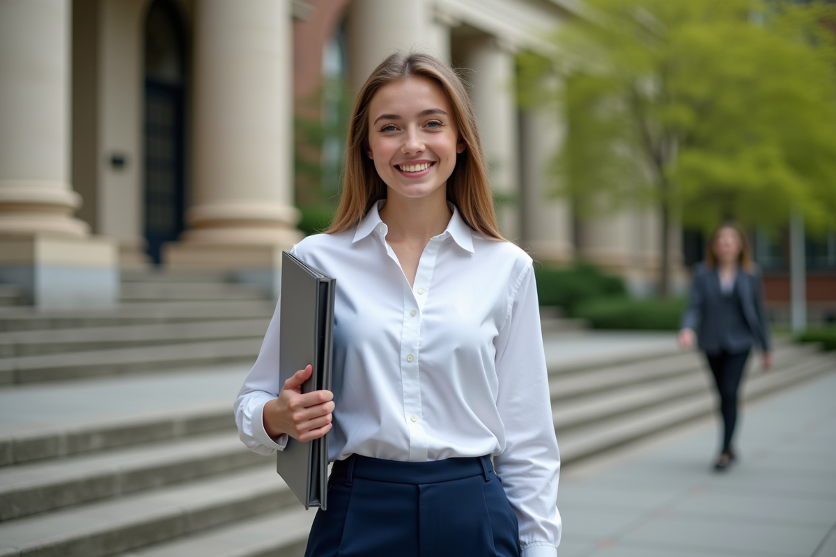 Jeune femme souriante devant bâtiment universitaire