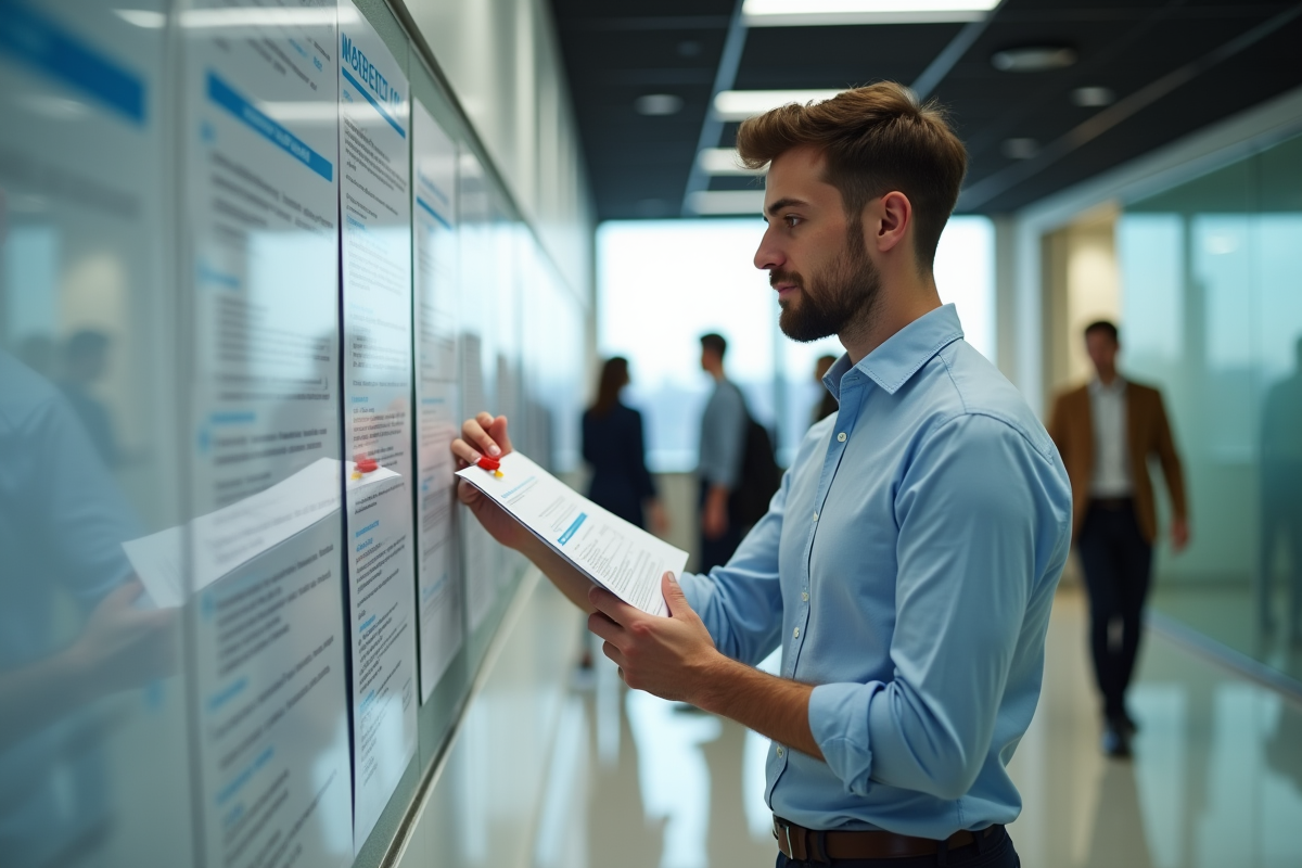Jeune homme fixant un document sur un panneau d