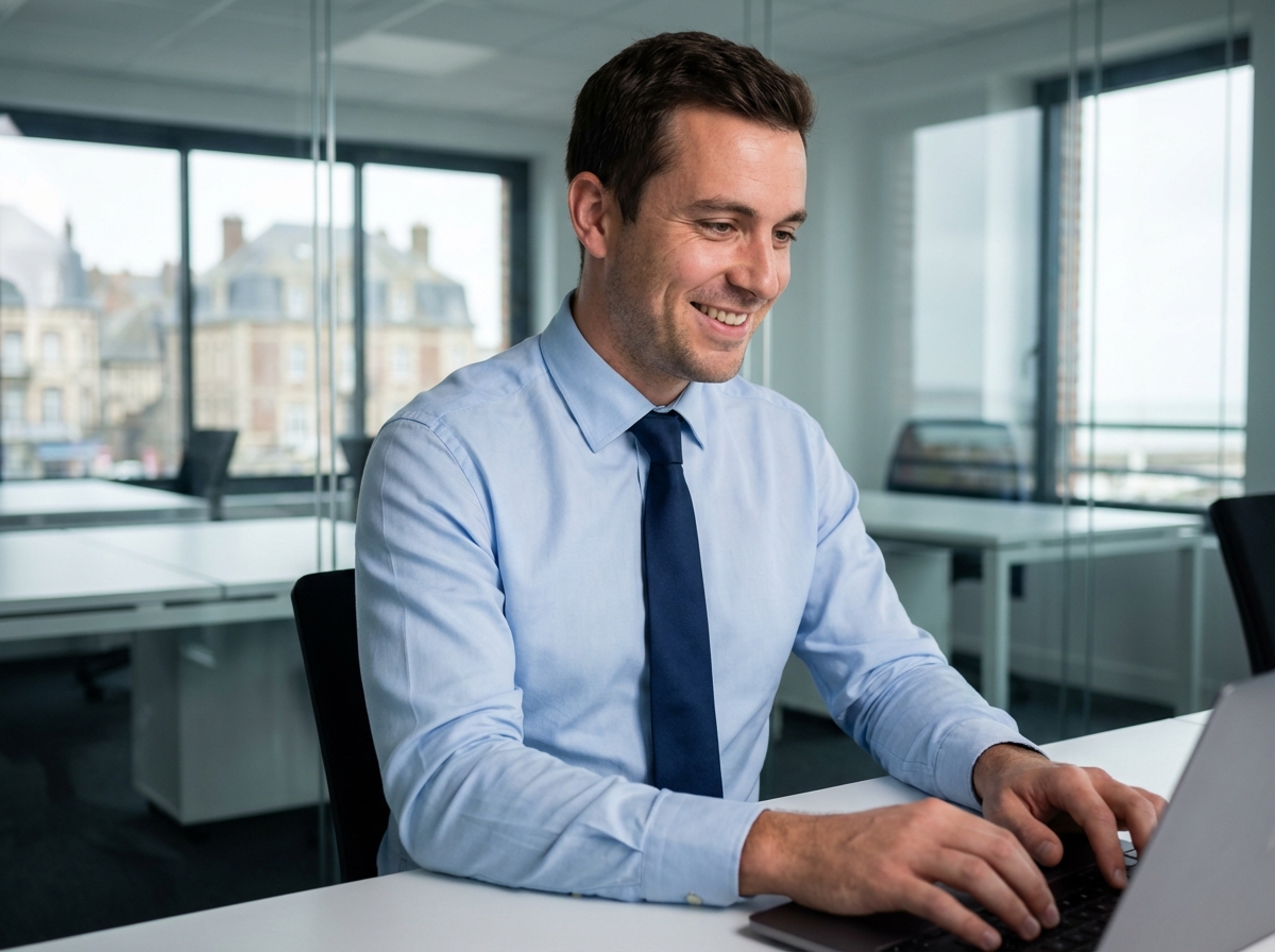 Jeune homme souriant travaillant sur un ordinateur dans un bureau moderne à Dieppe