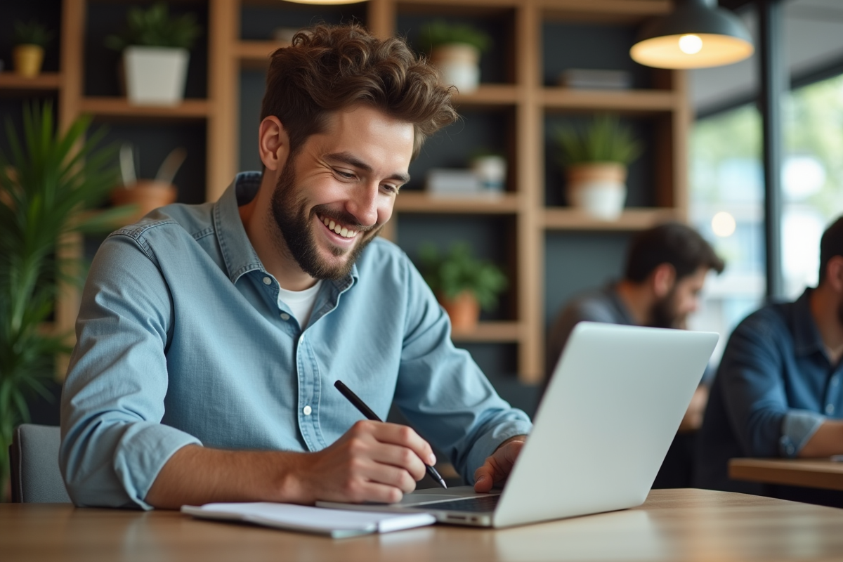 Jeune homme travaillant dans un espace coworking chaleureux