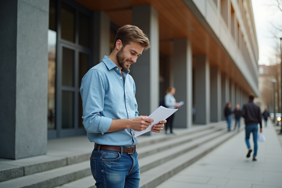 Jeune homme français vérifiant son formulaire devant un bâtiment public