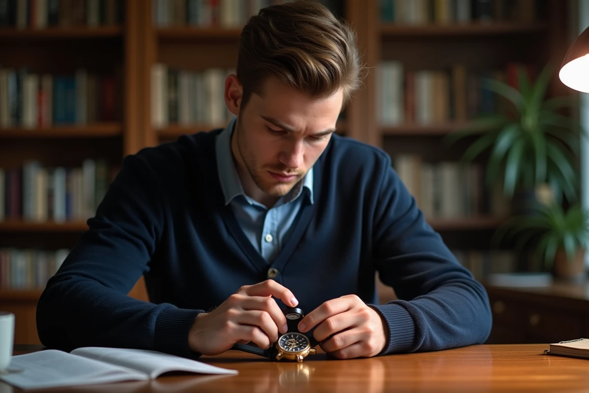 Jeune homme observant une montre avec une loupe