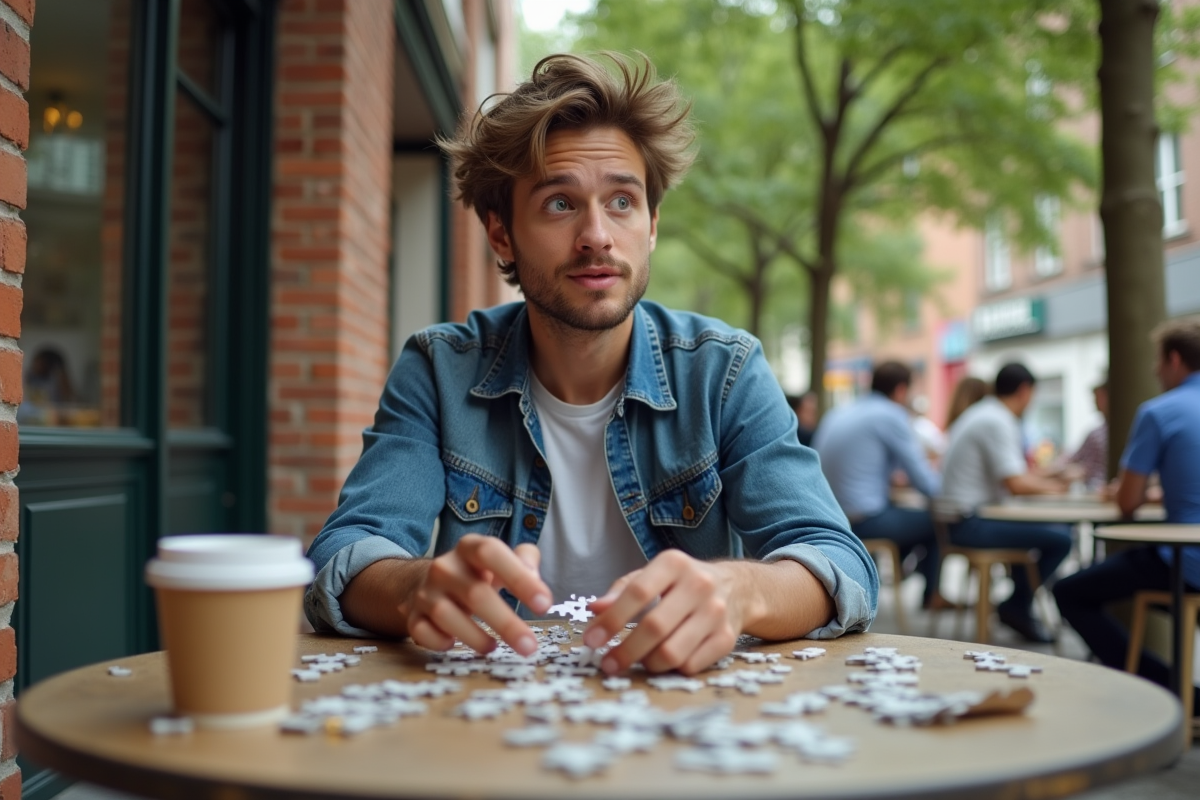 Jeune homme surpris avec puzzle et tasse au café
