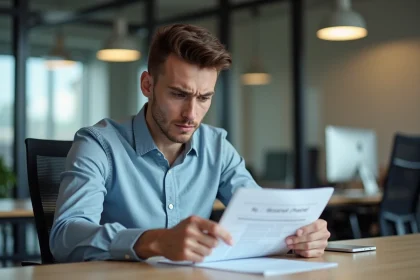 Jeune homme pr&eacute;occup&eacute; &eacute;tudiant un document de paie au bureau