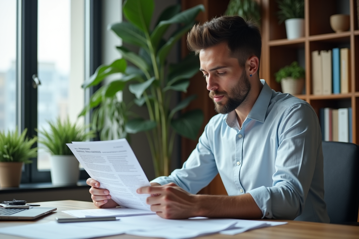 Jeune responsable RH analysant des rapports sur son bureau
