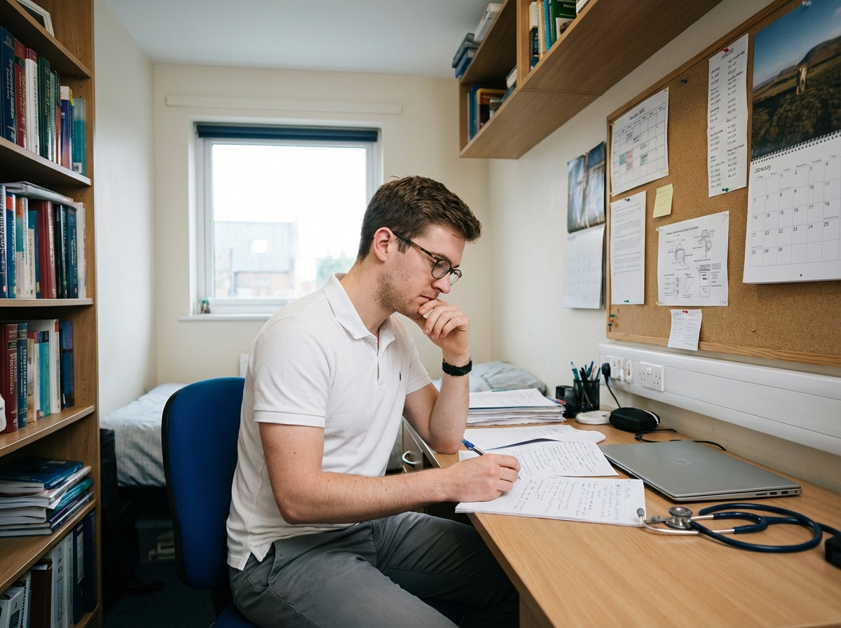 Étudiant en soins infirmiers étudiant ses notes dans sa chambre