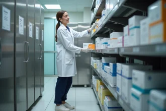 Jeune femme en blouse de pharmacie triant des médicaments en laboratoire