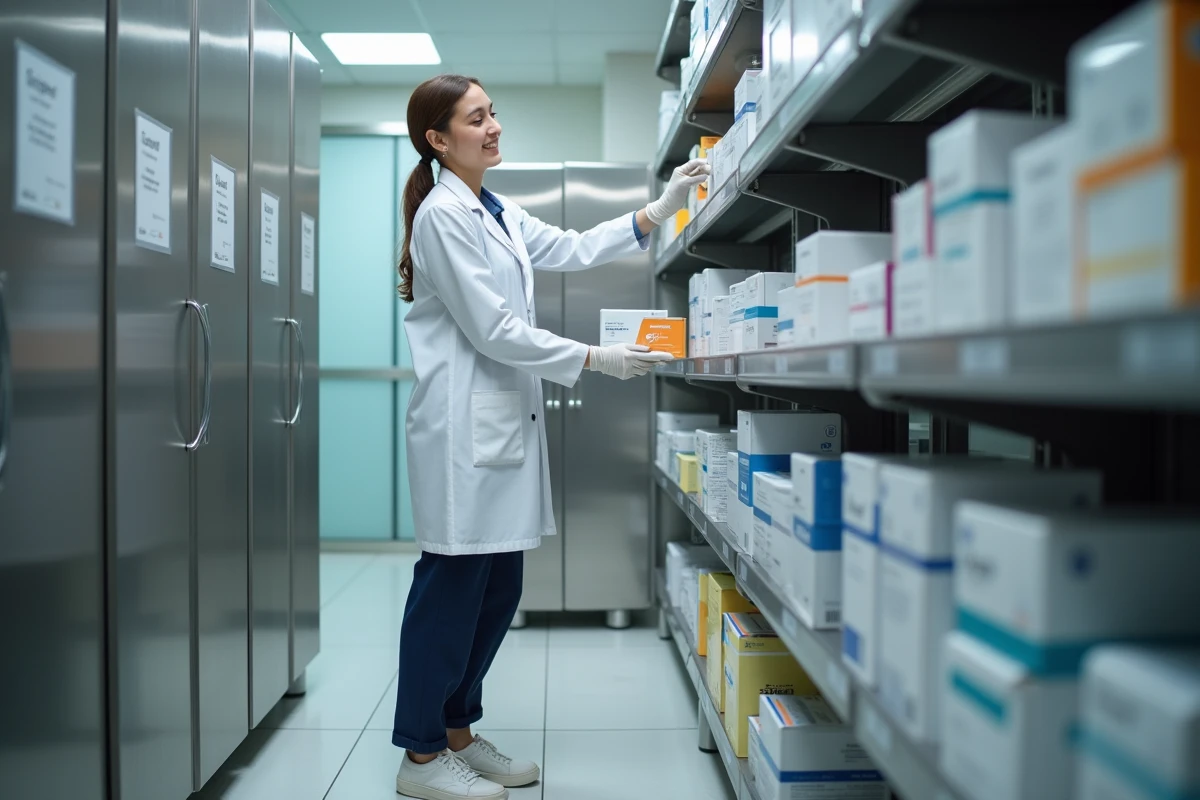 Jeune femme en blouse de pharmacie triant des médicaments en laboratoire