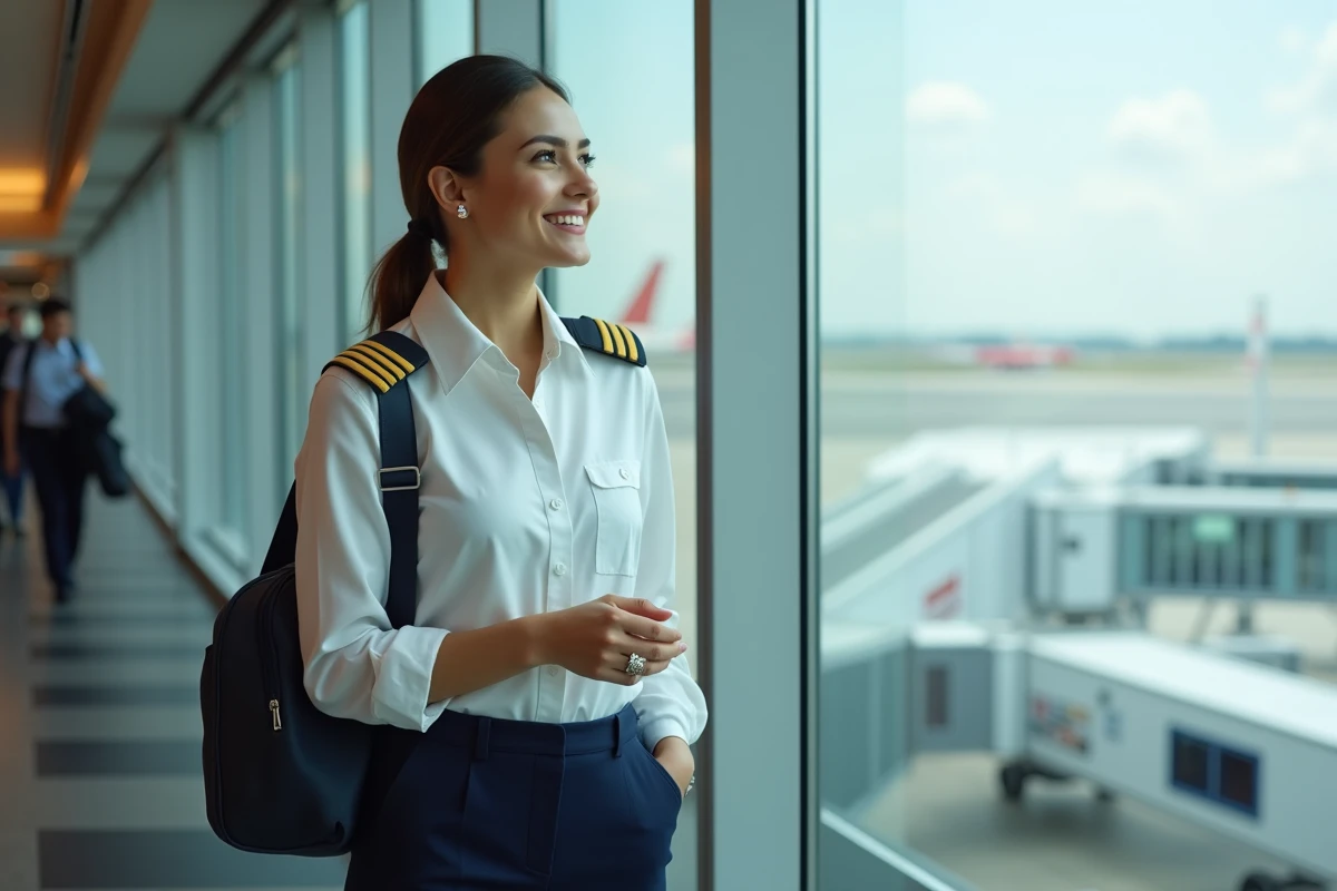 Jeune pilote féminine devant une fenêtre d