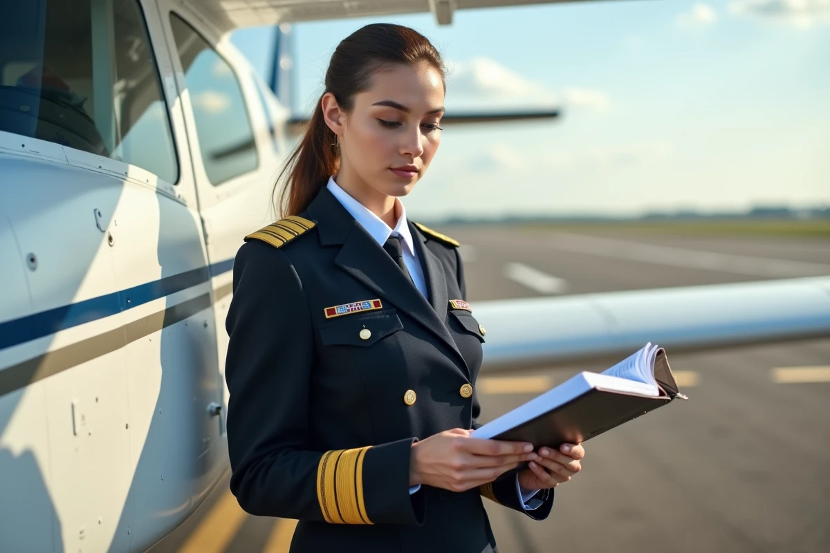 Jeune femme pilote vérifiant son logbook à l