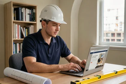 Jeune professionnel du BTP consultant mon-institut-du-btp.fr sur un ordinateur portable dans un bureau à domicile