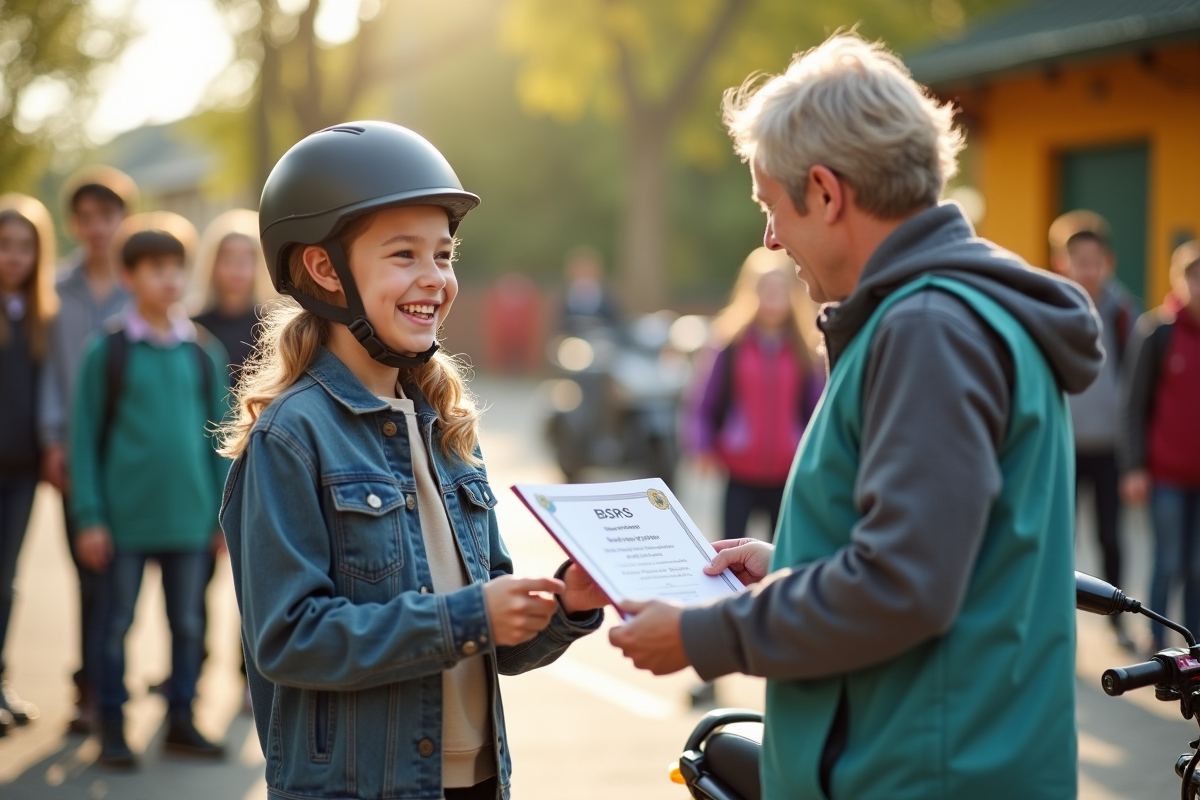 Jeune souriant recevant son certificat BSR avec casque