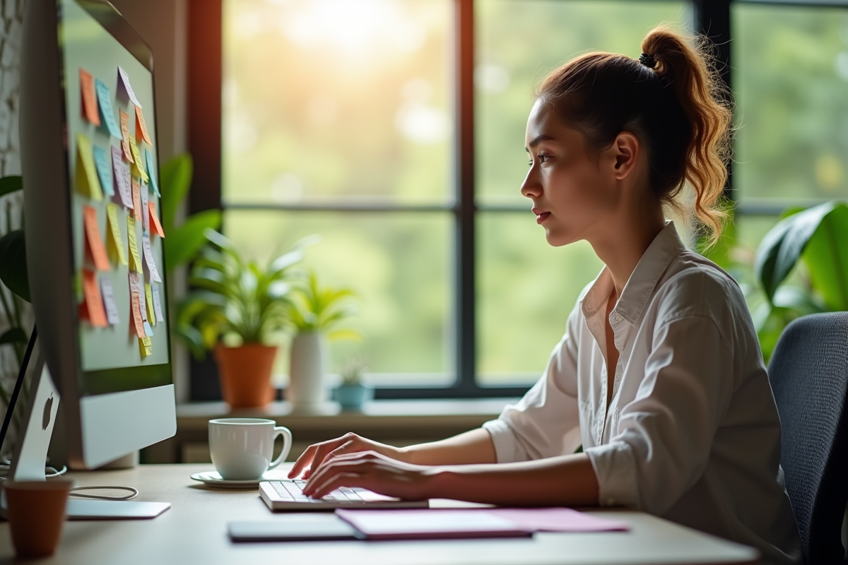 Jeune femme concentrée travaillant à son bureau calme