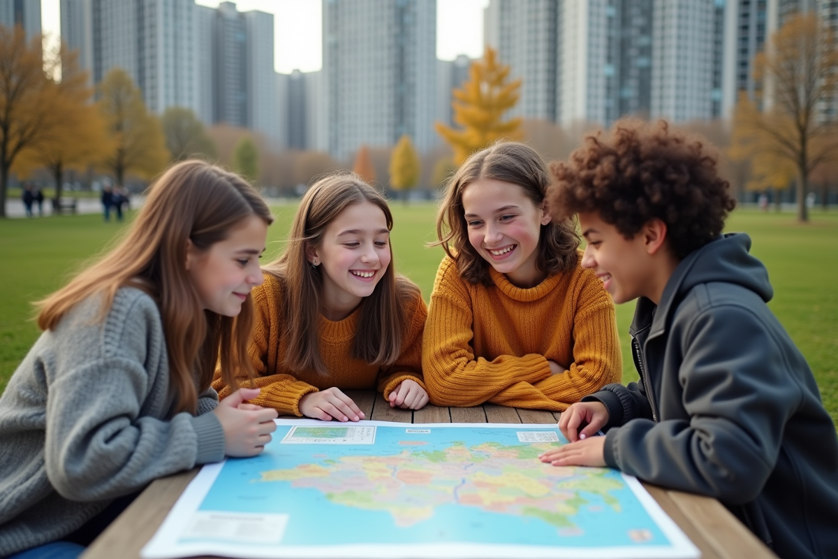 Groupe de quatre adolescents discutant autour d