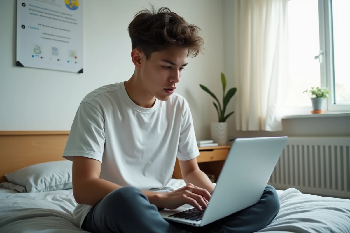 Lycéen assis sur son lit consultant une page d'aide pour résoudre un problème de connexion au site scolaire maclasse.fr avant la rentrée 2026
