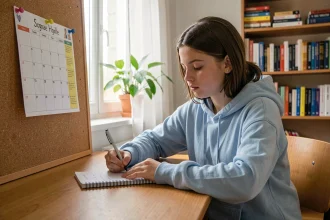 Lycéenne consultant un calendrier scolaire affiché sur un tableau liège dans sa chambre d'étude