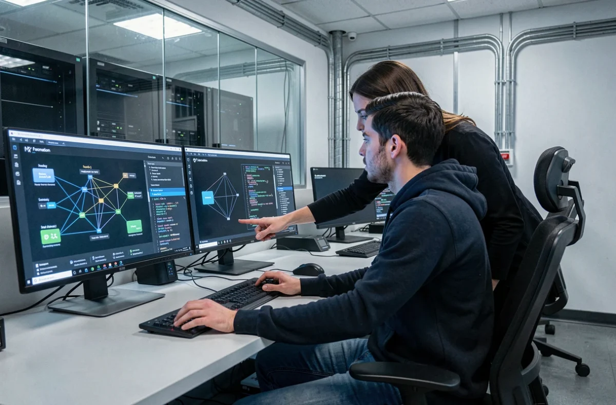 Jeune homme en formation IT et cybersécurité chez M2i Formation, travaillant sur des tableaux de bord de sécurité réseau dans un laboratoire informatique spécialisé