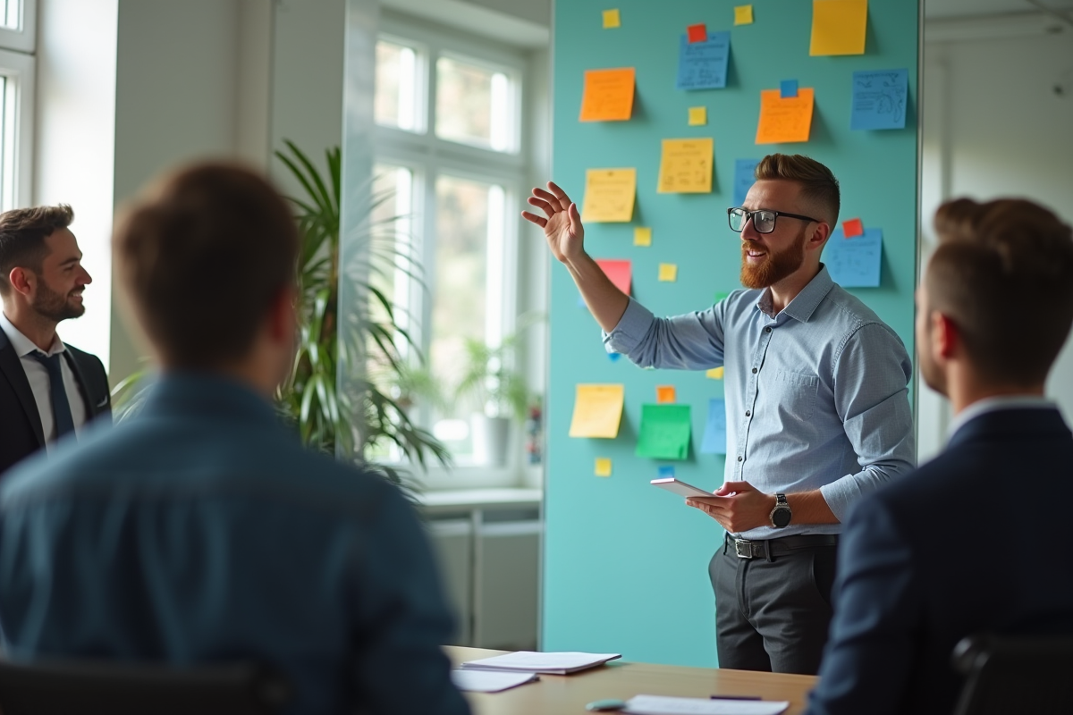 Manager confiant expliquant des concepts à ses collègues