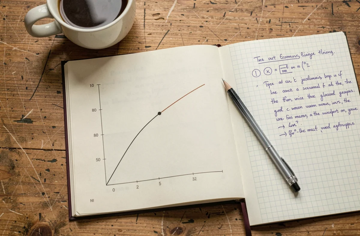Manuel de mathématiques ouvert sur un bureau en bois montrant un graphique de tangente à une courbe parabolique avec des notes manuscrites
