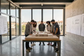 Étudiants en ingénierie travaillant sur une maquette dans un hall universitaire moderne des Bouches-du-Rhône