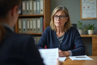 Mère de famille en réunion avec un conseiller scolaire pour discuter de l'orientation en ULIS ou SEGPA dans un collège public français
