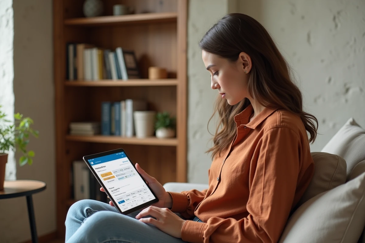 Jeune professionnelle optimisant son profil LinkedIn sur tablette depuis un bureau à domicile chaleureux pour attirer des leads qualifiés