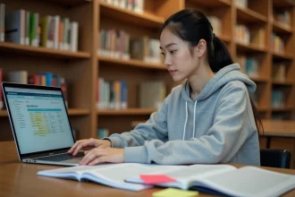 Étudiante organisant ses cours numériques sur un ordinateur portable dans une bibliothèque universitaire